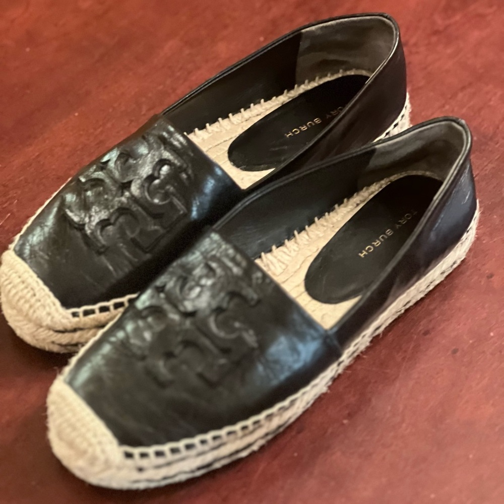Tory Burch Black and Tan Espadrille Loafers